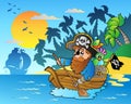 Pirate paddling in boat near island Royalty Free Stock Photo