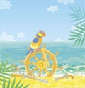 Pirate parrot on an old ship steering-wheel