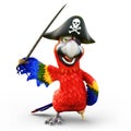 Pirate Parrot with peg leg, posing with a hat, patch and sword on an isolated white background.