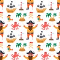 Pirate with parrot, ship, octopus and island, vector seamless pattern in flat cartoon style Royalty Free Stock Photo