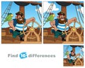 Pirate with a parrot. A smiling captain with a wooden leg holds the wheel on the deck of the ship.