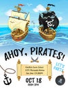 Pirate party cartoon invitation design with pirate ship and sea. Royalty Free Stock Photo