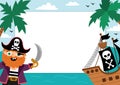 Pirate party greeting card template with cute captain, ship, marine landscape and palm trees. Treasure island horizontal poster or
