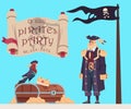 Pirate party invitation banner. Filibuster captain. Treasure chest. Gold coins and crown. Corsairs parrot. Crossbones