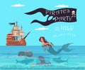 Pirate party invitation banner. Filibuster wooden ship. Sailing boat. Mermaid in sea waves. Treasure chest. Buccaneers Royalty Free Stock Photo