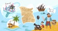 Pirate party for kids, games on piratical ship, buccaneers cartoon characters flat vector illustration with treasure map