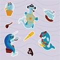 Pirate party set of stickers for children's birthday. Cute fish pirates. Funny characters in cartoon style shark