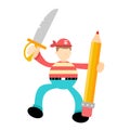 happy Pirate sailor and yellow Pencil Cartoon doodle vector illustration flat design