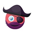 Pirate pink round emoji with eye patch and pirate hat vector illustration on a