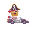 Pirate in a police car. Flat design cartoon style. Vector illustration