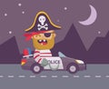 Pirate in a police car at night. Flat design cartoon style. Vector illustration