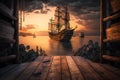 Pirate port overlooking old sailing ships in sea at sunset, generative AI