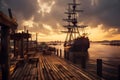 Pirate port overlooking old sailing ships in sea at sunset, generative AI