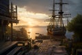 Pirate port overlooking old sailing ships in sea at sunset, generative AI