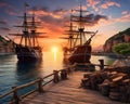 The pirate port overlooks an old sling ship in the sunset.