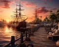 The pirate port overlooks old sling ships at sunset.