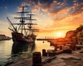 The pirate port overlooks old sling ships at sunset.