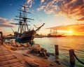 The pirate port overlooks old sling ships at sunset.