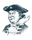 Pirate portrait. Captain man on ship traveling through the oceans and seas. Marine adventure of sailor hook. engraved