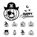 Pirate pumpkin and bundle of halloween pumpkins line style icons Royalty Free Stock Photo