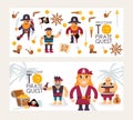 Pirate quest invitation, vector illustration. Flat style banner with funny cartoon characters, and piracy icons. Fun