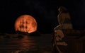 Pirate sailboat at the full red moon. The pirate man sitting on a treasure chest Royalty Free Stock Photo