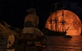 Pirate sailboat at the full red moon. The pirate man sitting on a treasure chest Royalty Free Stock Photo