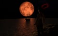 Pirate sailboat at the full red moon. The pirate woman standing on a rock