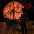 Pirate sailboat at the full red moon. The pirate woman standing on a rock