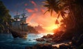 Pirate sailboat near mystical treasure island at sunset Royalty Free Stock Photo