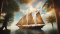 pirate sailboat at sunset A fantasy sail boat seen through palm trees, in a sky of clouds, with birds, rainbows,