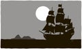 Pirate sailing ship near a treasure island Royalty Free Stock Photo