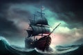 pirate sailing ship sailing through the storm. Generative AI Royalty Free Stock Photo