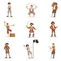 Pirate Sailors With Classic Filibusterer Attributes Set Of Smiling Male Characters With Guns And Sabers.