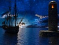 Pirate sailship near the old lighthouse with fire at moonlight