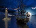 Pirate sailship near the old lighthouse with fire at moonlight