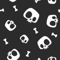 Pirate seamless pattern with white cute cartoon skeleton skulls and bones against plain black background. Monochrome