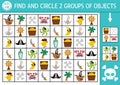 Pirate seek and find game with traditional symbols. Attention skills training puzzle with chest, ship, anchor. Farm printable