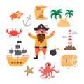 Pirate set of design elements ship, map, treasure chest, island, anchor and sea animals. Vector illustration in flat Royalty Free Stock Photo