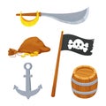 Pirate set with wooden barrel, black flag, anchor, bag with gold coins, cross swords and skull in bandana in cartoon Royalty Free Stock Photo