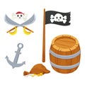 Pirate set with wooden barrel, black flag, anchor, bag with gold coins, cross swords and skull in bandana in cartoon Royalty Free Stock Photo