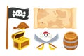 Pirate set with wooden barrel and treasure chest, black flag, bag with gold coins, cross swords and skull, parchment map