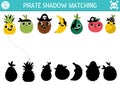Pirate shadow matching activity. Treasure island hunt puzzle with cute fruit pirates. Find correct silhouette printable worksheet Royalty Free Stock Photo