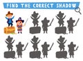 Pirate shadow matching activity. Treasure island hunt puzzle with cute pirates with chest. Find correct silhouette Royalty Free Stock Photo