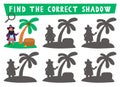 Pirate shadow matching activity. Treasure island hunt puzzle with cute pirates. Find correct silhouette printable Royalty Free Stock Photo