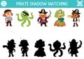 Pirate shadow matching activity. Treasure island hunt puzzle with cute pirates, mermaid, octopus. Find correct silhouette Royalty Free Stock Photo