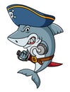 The pirate shark is angry and hold a sword with hook