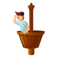 Pirate At Ship Basket Icon, Cartoon Style