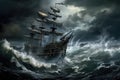 pirate ship battling high waves during a tempest, with dark clouds overhead