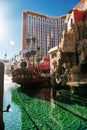 pirate ship in the bay of the Treasure Island hotel on the main street of Las Vegas - the Strip. Sunny day and clear cloudless sky Royalty Free Stock Photo